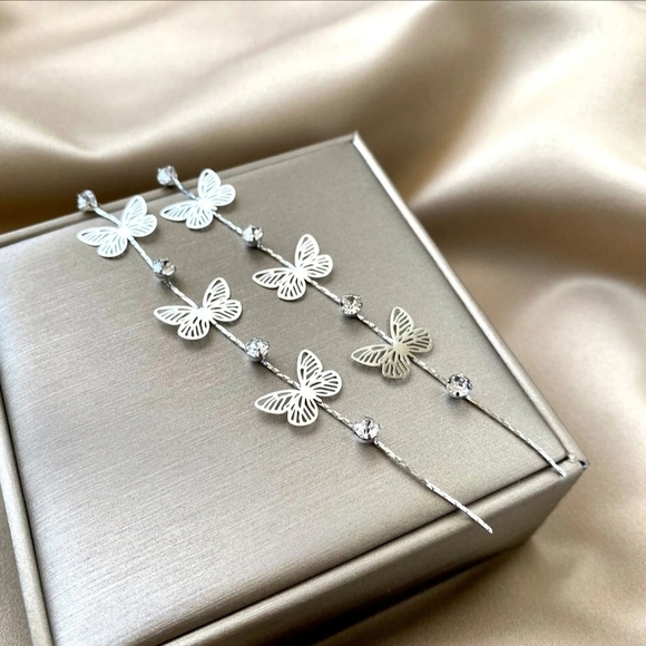 Fashion Jewelry Jewelry - Butterfly Filigree Earrings with Rhinestone Accent Silver Tone Tassel Earrings